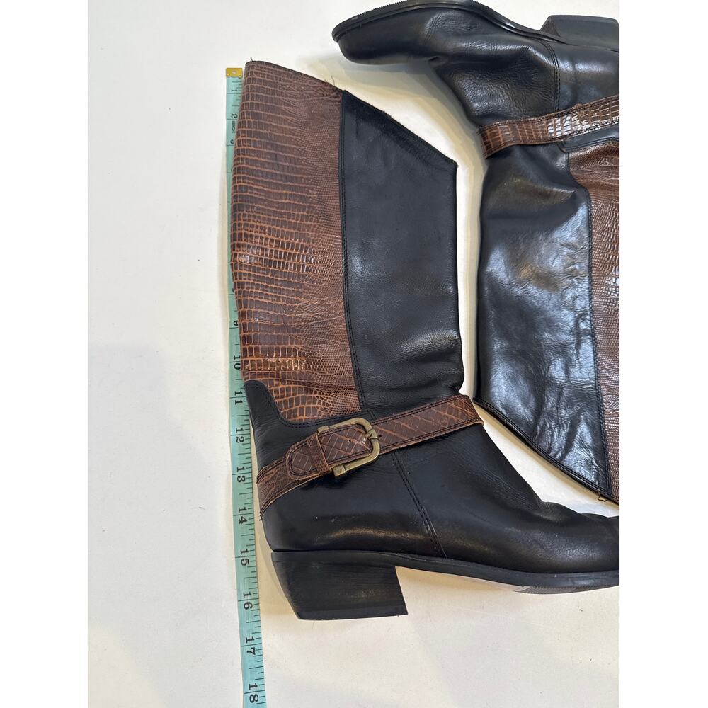 Bandolino Italian Mid Calf Leather Brown Black Boots Belt Reptile Texture Sz 8 - Picture 3 of 10